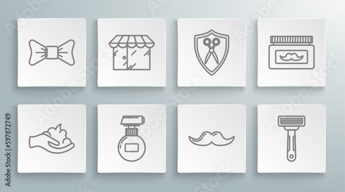 Set line Shaving gel foam on hand, Barbershop building, Cream or lotion cosmetic tube, Mustache, razor, Scissors hairdresser shield, jar and Bow tie icon. Vector