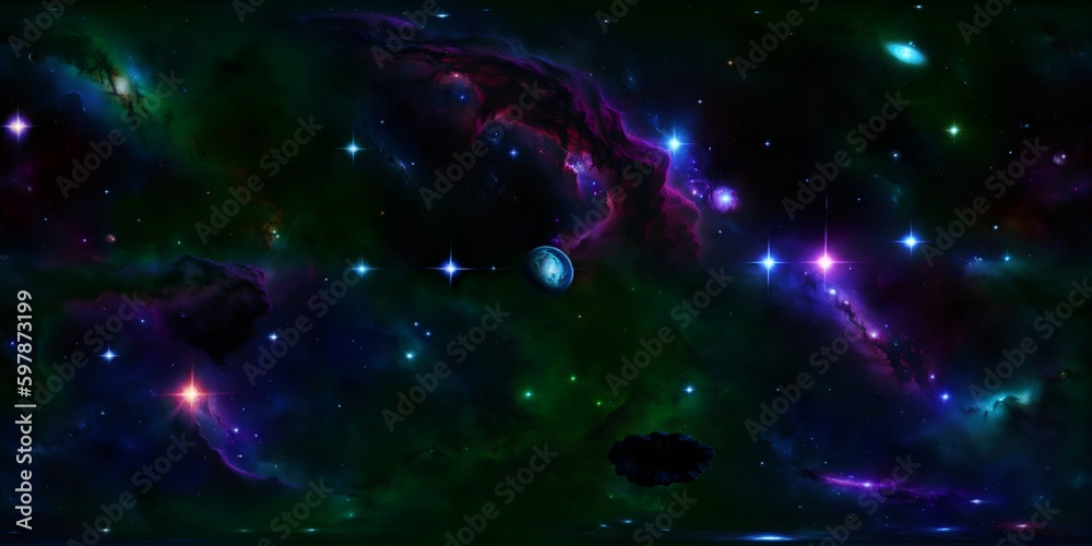 Obraz premium 360 degrees panorama of a space scene with stars and a tree in the foreground