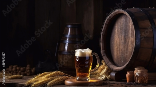 Beer Mug With Wheat And Hops In Cellar With Barrel, Generative Ai