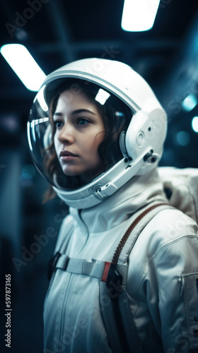 Young Beautiful , stunning astronaut, first of her kind, anticipates the launch. In her spacesuit, she stands, ready to make history and explore the mysteries of outer space. Generative AI  © neo