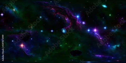 360 degrees panorama of a space scene with stars and a tree in the foreground