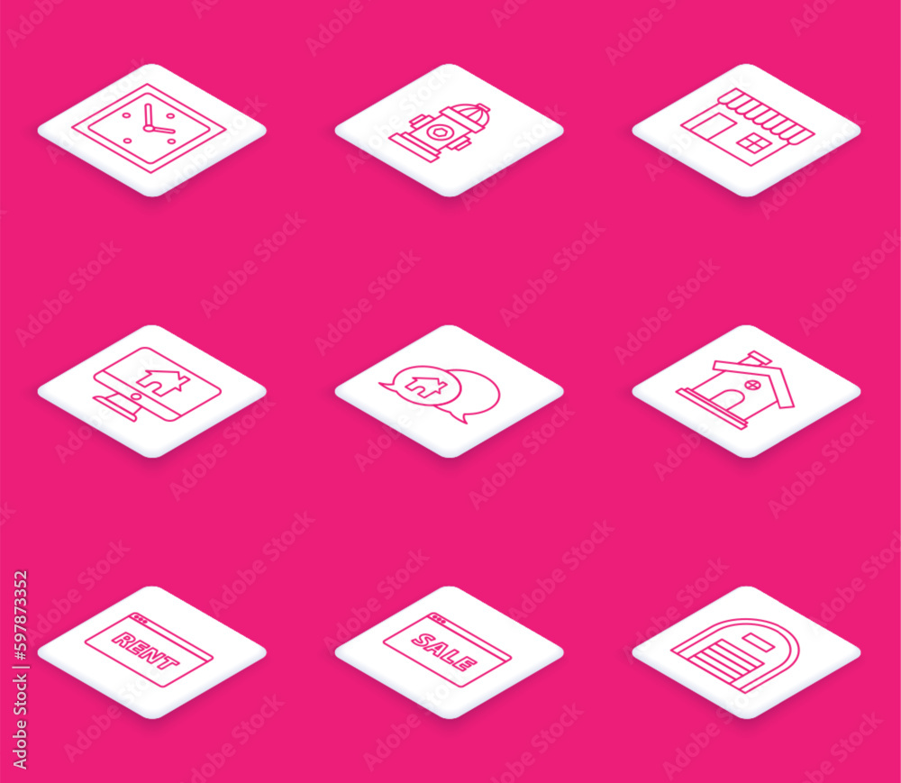 Set line Clock, Fire hydrant, Shopping building or market store, Computer monitor with smart home, House speech bubble, Hanging sign text Online Rent and Sale icon. Vector Set line Clock, Fire hydrant, Shopping building or market store, Computer monitor with smart home, House speech bubble, Hanging sign text Online Rent and Sale icon. Vector