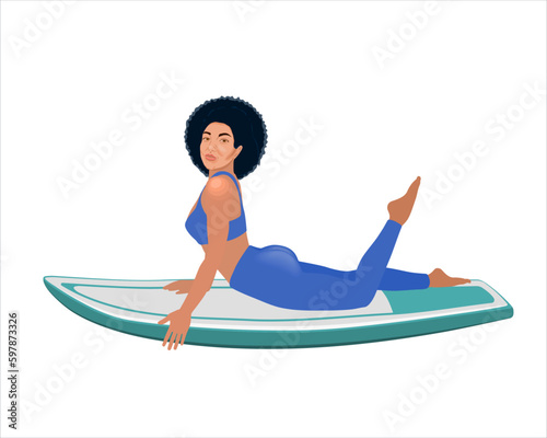 A happy girl in a blue leggings lies on a surfboard. People in water sport adventure camp, sport activity on family summer beach vacation. Vector illustration isolated on white  background.