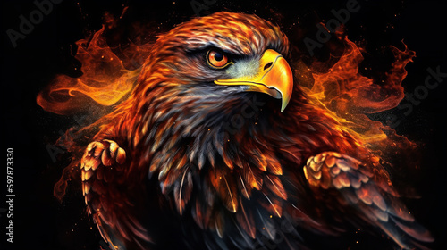 Billede på lærred a firey eagle with wings on the black background