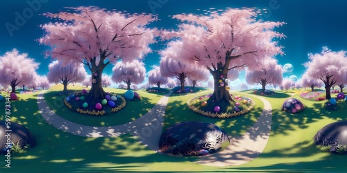360 degrees panorama of a computer generated image of a park with trees and flowers