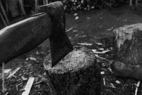 Axe on the log. Harvesting firewood in the village with hatchet. The timber on the ground in the countryside. House of farmer and woodcutter. Power of vintage eco farm. Black and white retro.