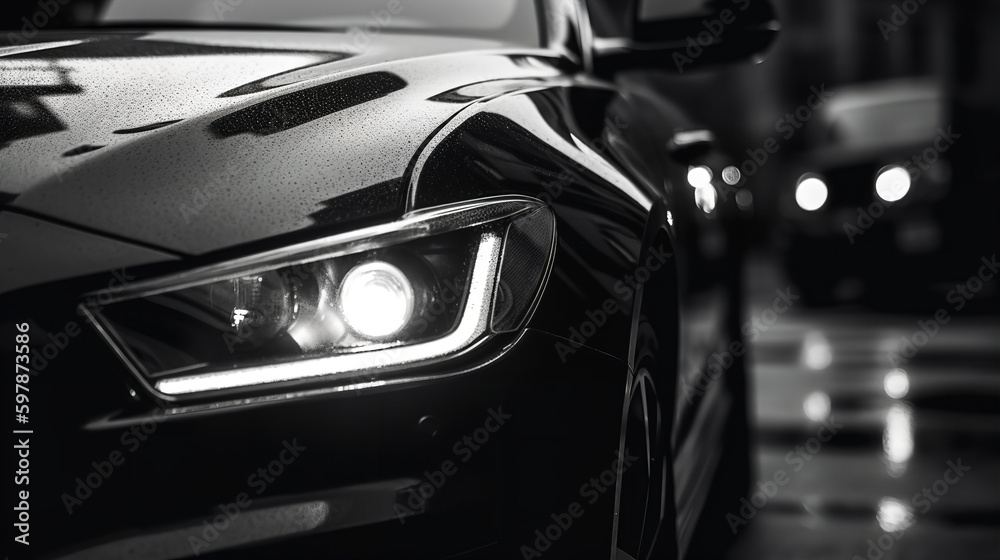the headlights of a black car on the street stock photo