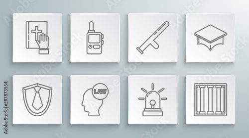 Set line Tie, Walkie talkie, Head with law, Flasher siren, Prison window, Police rubber baton, Graduation cap and Oath the Holy Bible icon. Vector
