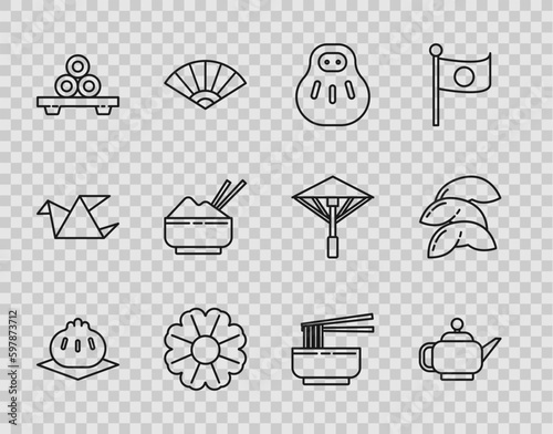 Set line Khinkali on cutting board, Japanese tea ceremony, Maneki neko cat, Flower, Sushi, Rice bowl with chopstick, Asian noodles and chopsticks and Chinese fortune cookie icon. Vector