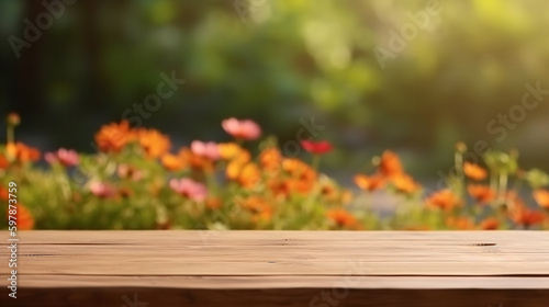 Empty wooden table on flower background, Desk of free space for product display