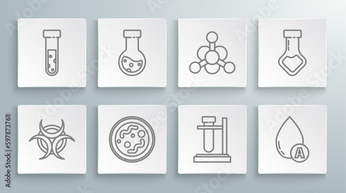 Set line Biohazard symbol, Test tube and flask chemical, Bacteria, on stand, Water drop, and icon. Vector