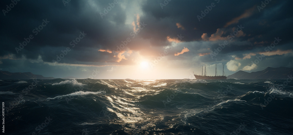 A beautiful photograph of the sunlight breaking through the clouds, into the crashing, powerful waves of the sea