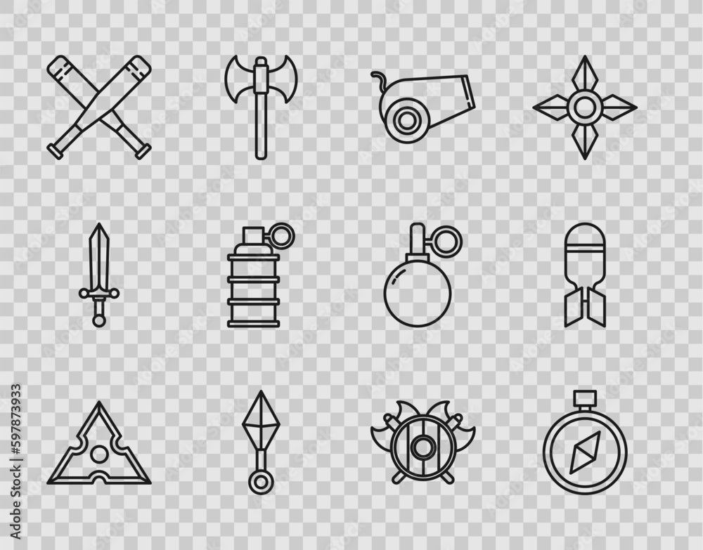 Set line Japanese ninja shuriken, Compass, Cannon, Crossed baseball bat, Hand grenade, Medieval shield with crossed axes and Aviation bomb icon. Vector Set line Japanese ninja shuriken, Compass, Cannon, Crossed baseball bat, Hand grenade, Medieval shield with crossed axes and Aviation bomb icon. Vector