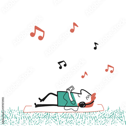 Man lying on grass listening to music cartoon vector illustration on white background