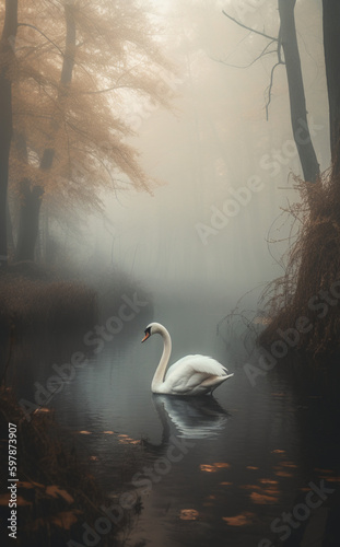 A beautiful photograph of an elegant, lone swan in the muddy water.