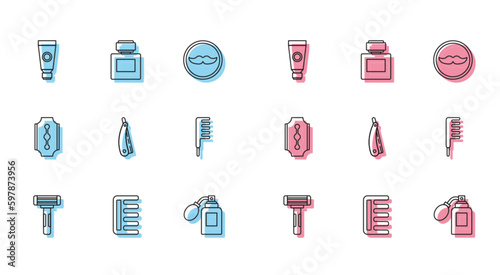 Set line Shaving razor, Hairbrush, Cream lotion cosmetic tube, Aftershave bottle with atomizer, Straight, Blade and icon. Vector