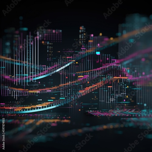 Genom sequencing visualization. Information visualization. Chart. Neon colors. Futuristic. Generative AI. 