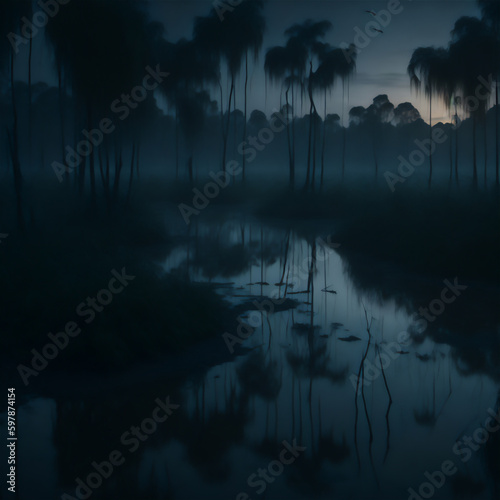 陽が昇る前の森の風景　 Generative AI © スタジオサラ