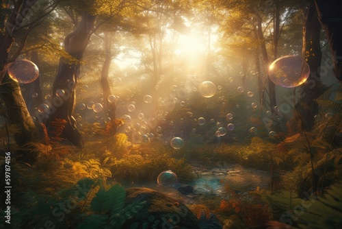 Magical forest at sunset with a fantasy feel, clearing surrounded by vibrant foliage and glowing orbs floating in the air. Generative AI © Kanisorn