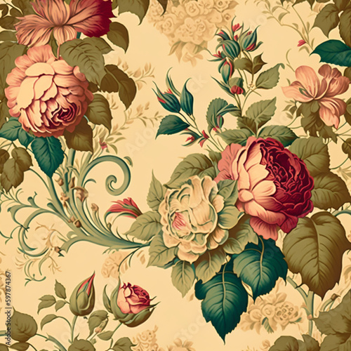 A beautiful  vintage wallpaper design with floral elements of pink roses and green leaves.