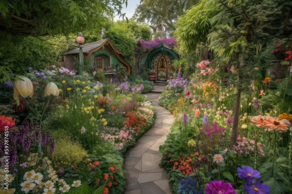 Magical garden in full bloom, with vibrant, fantastical flowers and plants growing in every direction. Generative AI