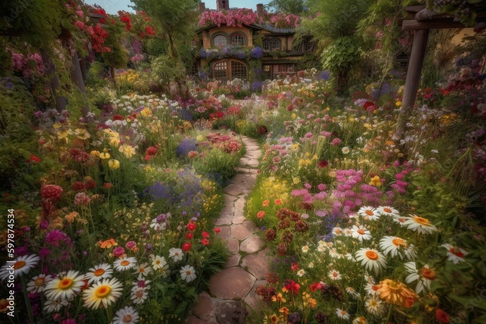 Magical garden in full bloom, with vibrant, fantastical flowers and plants growing in every direction. Generative AI Magical garden in full bloom, with vibrant, fantastical flowers and plants growing in every direction. Generative AI