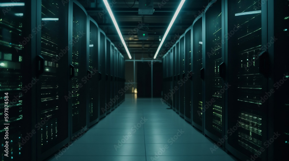 Shot of Data Center With Multiple Rows of Fully Operational Server Racks. Modern Telecommunications, Cloud Computing, Artificial Intelligence, Database, Super Computer Technology, Generative Ai Shot of Data Center With Multiple Rows of Fully Operational Server Racks. Modern Telecommunications, Cloud Computing, Artificial Intelligence, Database, Super Computer Technology, Generative Ai