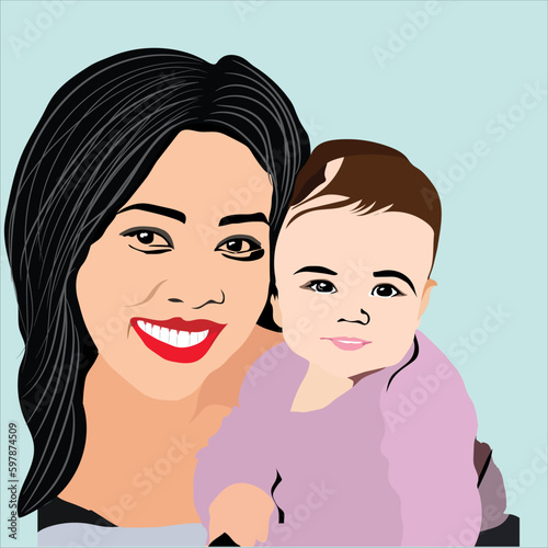 A Mother's line art with her baby in black and white drawing