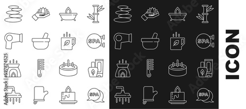 Set line Spa salon, Ointment cream tube, Aroma candle, Mortar pestle, Hair dryer, Stack hot stones and Cup of tea leaf icon. Vector