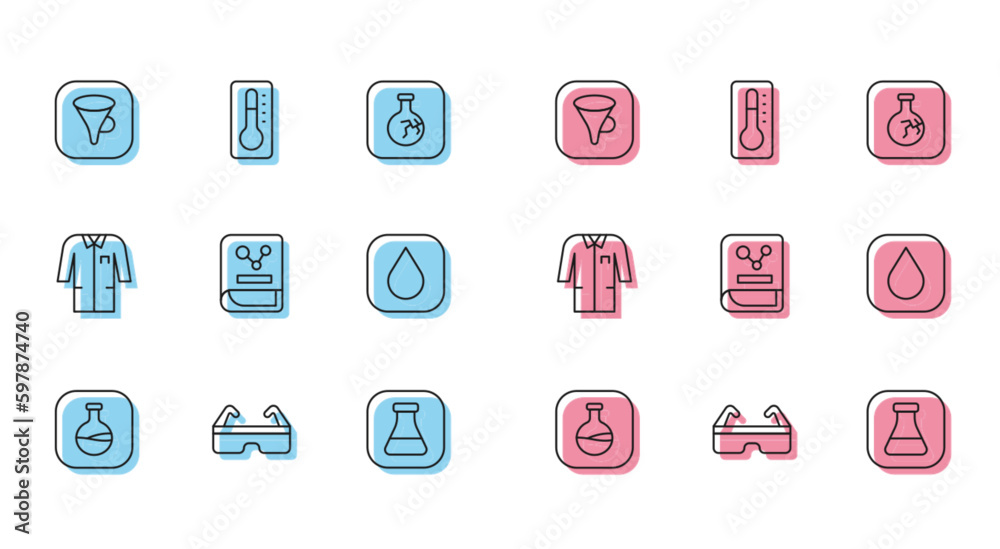 Set line Test tube and flask, Safety goggle glasses, Funnel or filter, Chemistry book, Water drop, Laboratory uniform and Medical thermometer icon. Vector Set line Test tube and flask, Safety goggle glasses, Funnel or filter, Chemistry book, Water drop, Laboratory uniform and Medical thermometer icon. Vector