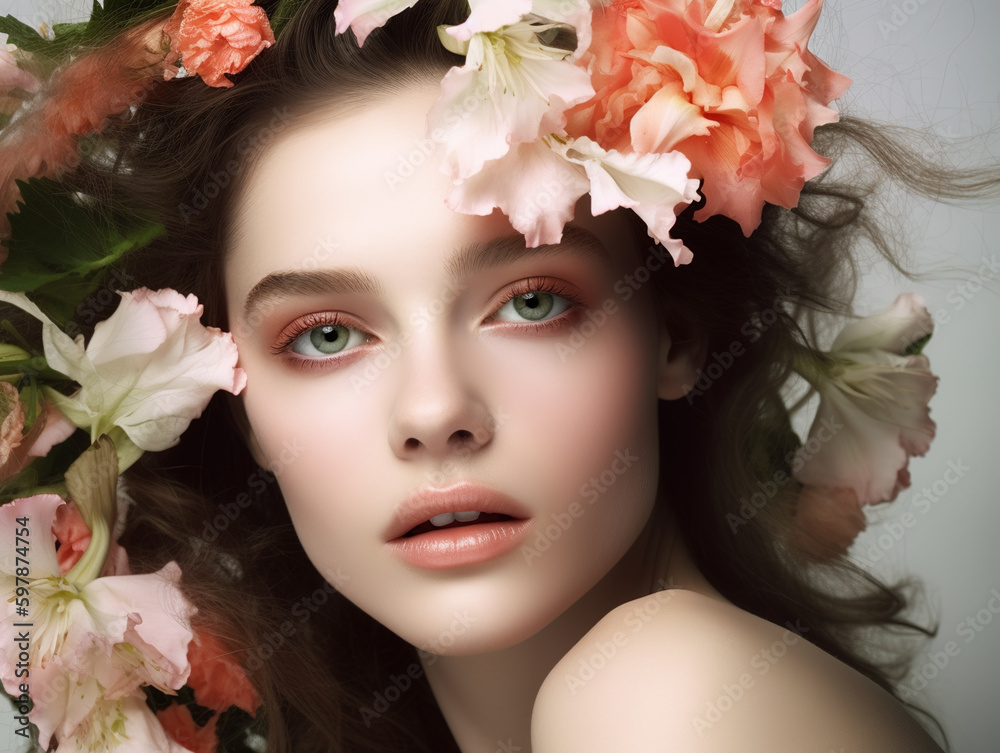 Beautiful young woman with flowers. AI generated image.