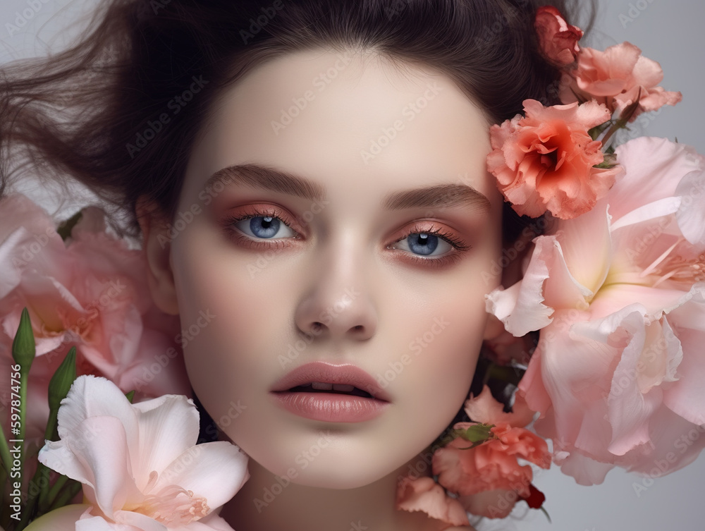Beautiful young woman with flowers. AI generated image.
