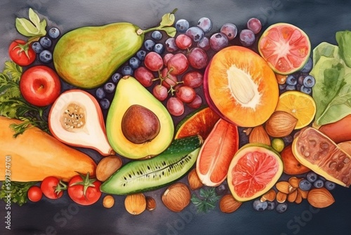ripe and juicy fruits and vegetables background  watercolor -Ai