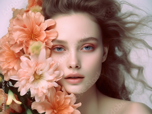 Beautiful young woman with flowers. AI generated image.