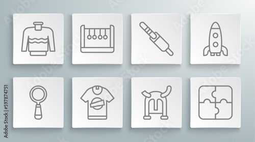 Set line Magnifying glass  Pendulum  T-shirt  Viking horned helmet  Piece of puzzle  Audio jack  Rocket ship and Sweater icon. Vector
