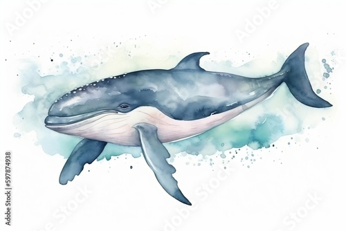 Watercolor cute bluevwhale jumping out of the water. Vector Illustration of animal. Nursery Art. Wall art. Isolated on white background. Generative AI © Annemarie