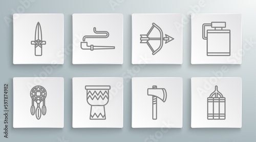 Set line Dream catcher with feathers, Smoking pipe, Drum, Tomahawk axe, Dynamite bomb, Bow and arrow quiver, Canteen water bottle and Dagger icon. Vector
