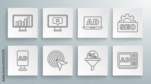 Set line Advertising, Monitor with star, Target, Lead management, SEO optimization and graph chart icon. Vector