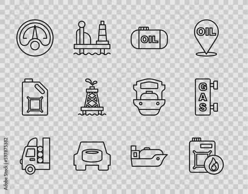 Set line Gas tank for vehicle, Canister motor oil, Oil storage, Spare wheel in the car, Motor gas gauge, rig, tanker ship and filling station icon. Vector