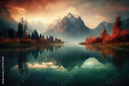 Majestic mountains looming over a tranquil lake, with mist rising from the water and the sky painted in a dramatic blend of warm and cool colors. Generative AI