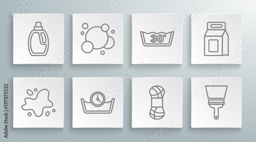 Set line Water spill, Soap water bubbles, Time wash, Yarn, Rubber cleaner for windows, Temperature, Laundry detergent and Bottle cleaning agent icon. Vector