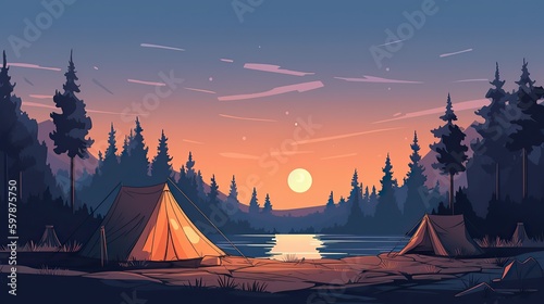 A cartoon illustration of a camping tent near a forest lake at sunset outdoor exploration travel