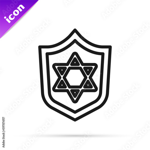 Black line Shield with Star of David icon isolated on white background. Jewish religion symbol. Symbol of Israel. Vector