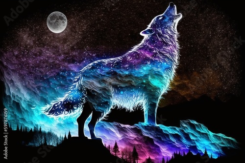 a wolf spirit animal standing on top of a mountain under a full moon