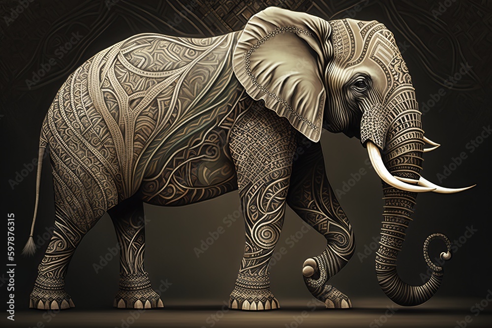 a drawing of an elephant spirit animal  with intricate patterns