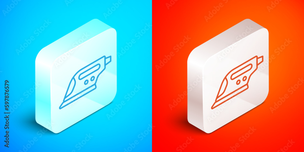 Isometric line Electric iron icon isolated on blue and red background. Steam iron. Silver square button. Vector