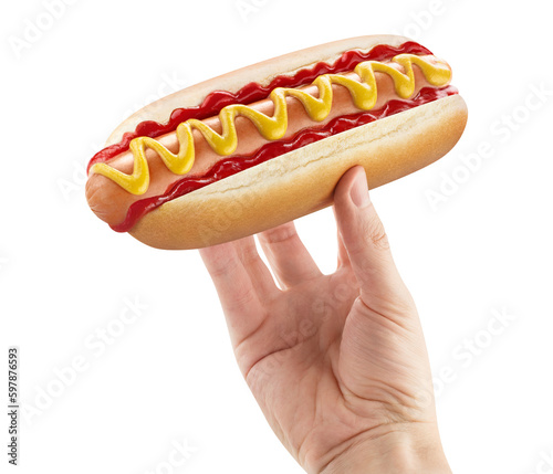 Tela Delicious hot dog in male hand, cut out