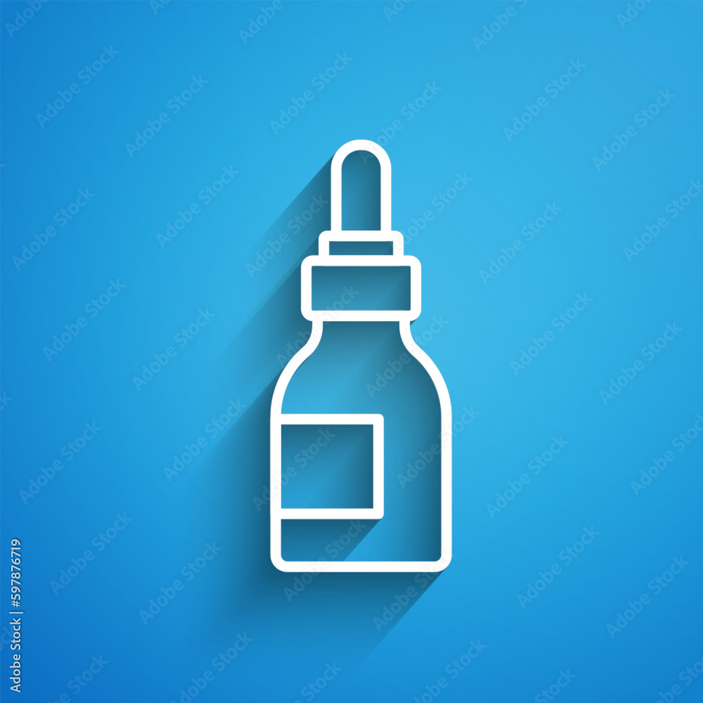 White line Beard and mustaches care oil bottle icon isolated on blue background. Glass bottle with pipette. Long shadow. Vector White line Beard and mustaches care oil bottle icon isolated on blue background. Glass bottle with pipette. Long shadow. Vector