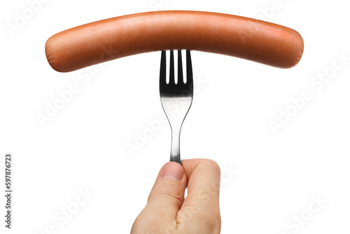 Bilde på lerret Delicious sausage on a fork, cut out