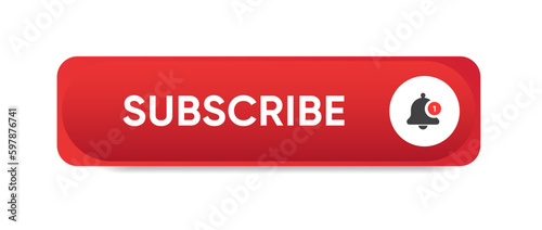 Subscribe button Bell, notification icon button and hand cursor click. Red button subscribe to channel social media, marketing, blog. Vector illustration for website, mobile app, UI UX. EPS 10